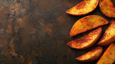 Top view of spiced potato wedges, a crispy snack for South Asian children. Copy space availableの素材