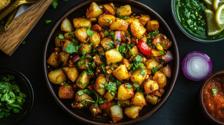 Top view of spicy aloo chaat, a tangy street food loved by South Asian childrenの素材