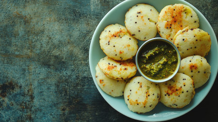 Top view of masala idlis with chutney, a fun and healthy snack for South Asian childrenの素材