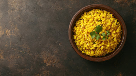 Top view of spiced poha, a popular breakfast for South Asian children. Copy space availableの素材