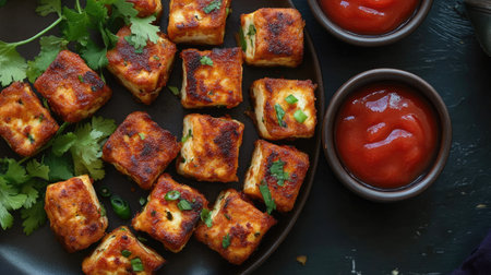 Top view of stuffed paneer rolls with a side of ketchup, a fun snack for South Asian kidsの素材