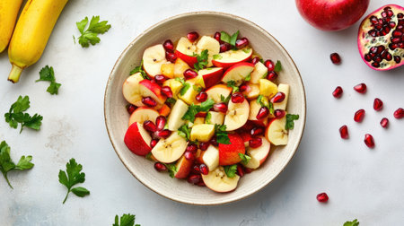 Top view of South Asian fruit salad with banana, apple, and pomegranate, perfect for kidsの素材