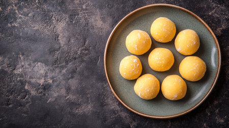 Top view of sweet besan ladoo on a plate, a traditional South Asian dessert for kidsの素材