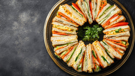 Top view of South Asian style vegetable sandwiches, a healthy snack for children. Copy spaceの素材