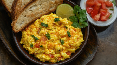 Top view of egg bhurji with buttered toast, a popular breakfast for South Asian childrenの素材