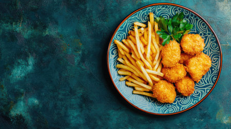 Top view of colorful plate of chicken nuggets with fries, a popular South Asian children's snack. Copy space availableの素材