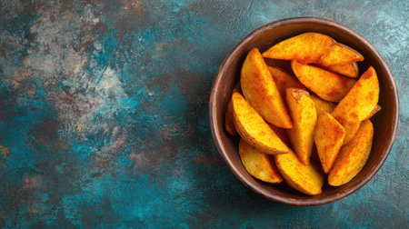 Top view of spiced potato wedges, a crispy snack for South Asian children. Copy space availableの素材