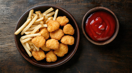 Top view of chicken nuggets with a side of fries, a South Asian kids' favorite. Copy space availableの素材