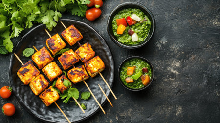 Top view of paneer tikka served with mint chutney, a favorite among South Asian children. Copy space availableの素材