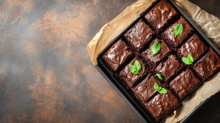 Top view of homemade chocolate brownies, a dessert treat for South Asian children. Copy space availableの素材