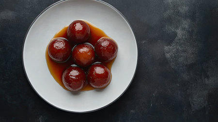 Top view of sweet gulab jamun on a plate, a syrupy dessert loved by South Asian kidsの素材
