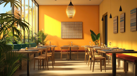 View of a stylish South Asian restaurant with minimalist interior design and vibrant accents. No people, copy space availableの素材