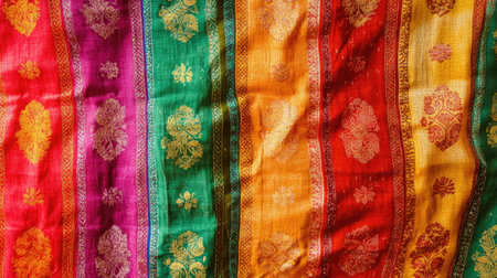 A colorful fabric design from South Asia, no people, with space for text or captions.の素材