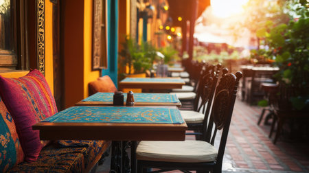 View of a popular South Asian restaurant's outdoor terrace with cozy seating. No people, copy space availableの素材