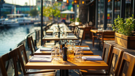 View of a waterfront South Asian restaurant with outdoor dining tables. No people, copy space availableの素材