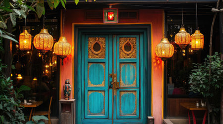 Traditional South Asian restaurant entrance with vibrant colors and hanging lanterns. No people, copy space availableの素材