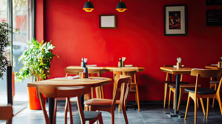 View of a stylish South Asian restaurant with minimalist interior design and vibrant accents. No people, copy space availableの素材