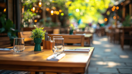 View of a popular South Asian restaurant's outdoor terrace with cozy seating. No people, copy space availableの素材