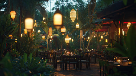 View of an open-air South Asian restaurant surrounded by lush greenery and ambient lighting. No people, copy space availableの素材