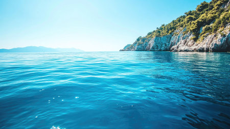 A beautiful, serene view of the sea beneath the European coastline. Clear blue water with open copy space for text.の素材