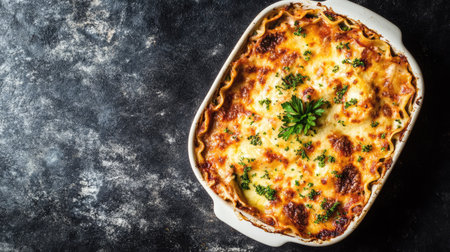 A single lasagna al forno portion on a white dish, photographed from above withの素材
