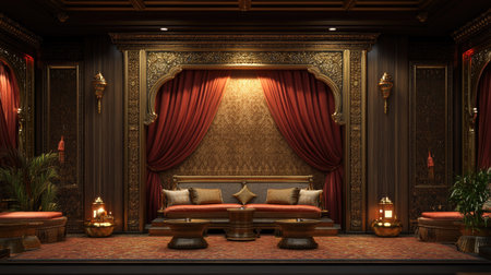 Traditional South Asian restaurant decor with silk curtains and brass accents. No people, copy space availableの素材