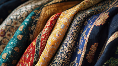 A close-up of South Asian textile art with rich patterns, no people, offering copy space.の素材