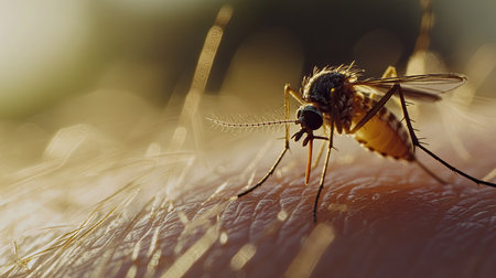 A close-up of a mosquito on human skin. Ideal for nature or health visuals with open space for text.の素材