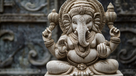 A traditional Indian sculpture in stone, no people, with copy space available for design or text.の素材