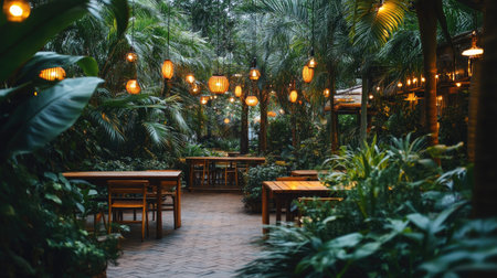 View of an open-air South Asian restaurant surrounded by lush greenery and ambient lighting. No people, copy space availableの素材