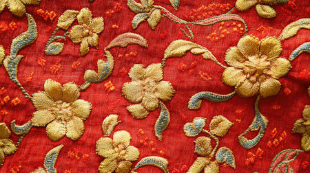 A detailed fabric pattern from South Asia, no people present, and copy space available for text.の素材