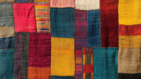 A close-up of South Asian textile art with bold colors, no people, and space for text.の素材