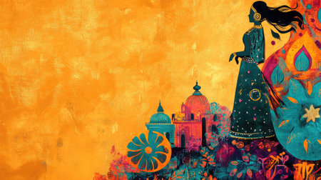 A colorful Indian painting with intricate details, no one present, with space for text.の素材