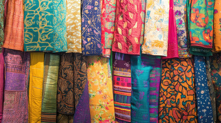 A vibrant display of South Asian textile art, showcasing detailed patterns, no people, with space for captions.の素材