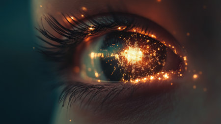 A human eye with digital electronic lights enhancing its features. Copy space included.の素材