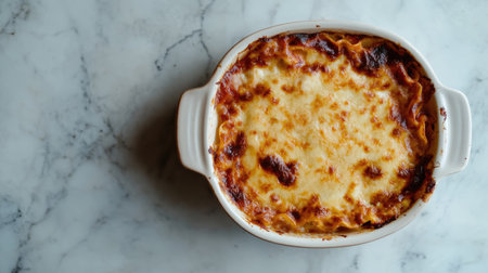 A single lasagna al forno portion on a white dish, photographed from above withの素材