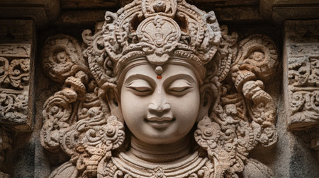 A traditional Indian sculpture in stone, no people, with copy space available for design or text.の素材