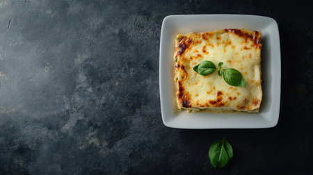 A single lasagna al forno portion on a white dish, photographed from above withの素材