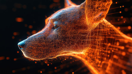 A dog's head with orange cyber tech patterns, abstract close-up with room for writing.の素材