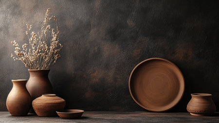 Indian clay pottery beautifully arranged, no people present, with generous space for text.の素材
