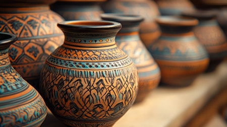 Indian pottery with intricate patterns, no people present, leaving ample room for text.の素材