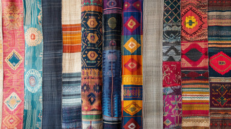 Handwoven textile from South Asia, showcasing rich patterns, no people, with room for captions.の素材