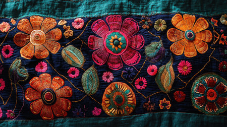 Intricate textile artwork from South Asia, no one present, with plenty of copy space available.の素材