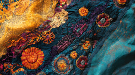 South Asian textile artwork with colorful embroidery, no people present, and copy space available.の素材