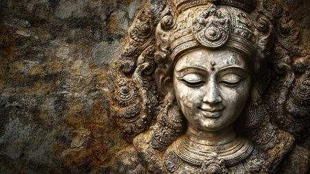 Intricate Indian sculpture against a textured background, no people, with copy space available.の素材