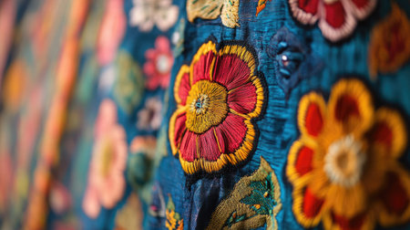 Intricate textile artwork from South Asia, no one present, with plenty of copy space available.の素材