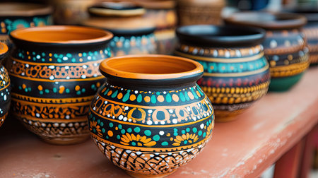 Indian pottery with traditional designs on display, no people, with room for text or captions.の素材