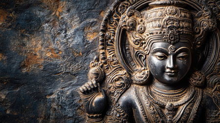 Intricate Indian sculpture against a textured background, no people, with copy space available.の素材