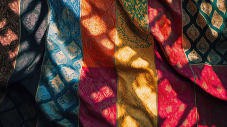 Intricately designed South Asian fabric art, no one in sight, with ample space for text or design.の素材