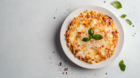 Top view of a pasta plate with lasagna al forno. Simple background, inviting space for text.の素材